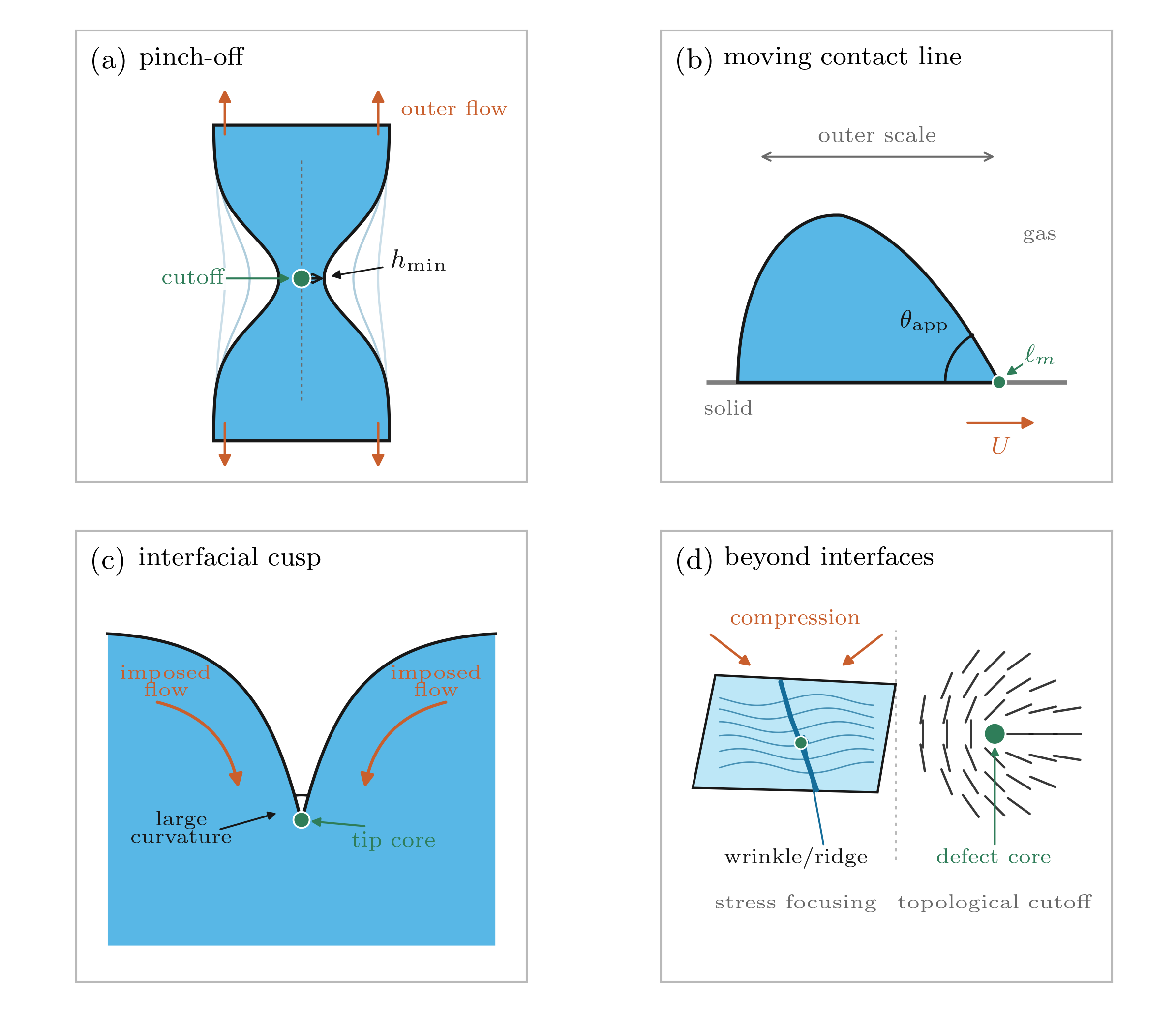 Visual dictionary for singularities in soft matter: pinch-off, contact line, interfacial cusp, and beyond-interface cutoffs